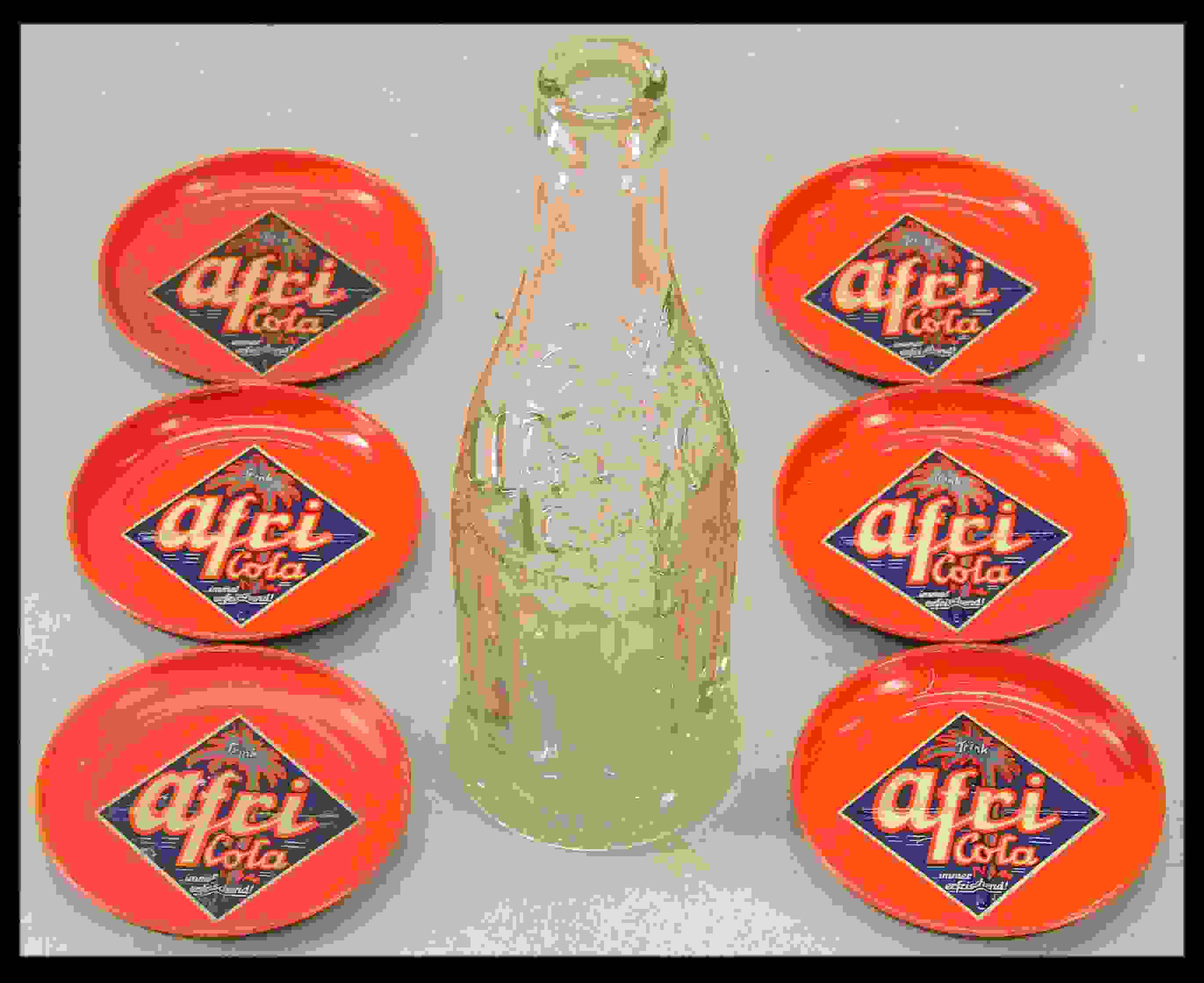Afri Cola Konvolut Flasche und 6 Blechschälchen 